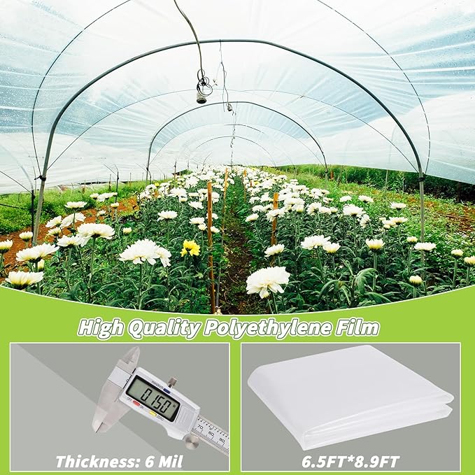 Greenhouse Plastic Sheeting 6 Mil, 6.5 x 9.8FT Transparent UV Resistant Polyethylene Film, Tear-Resistant Green House Hoop Cover for Gardening Farming Nursery, Henhouse, Anti-Drip & Weatherproof