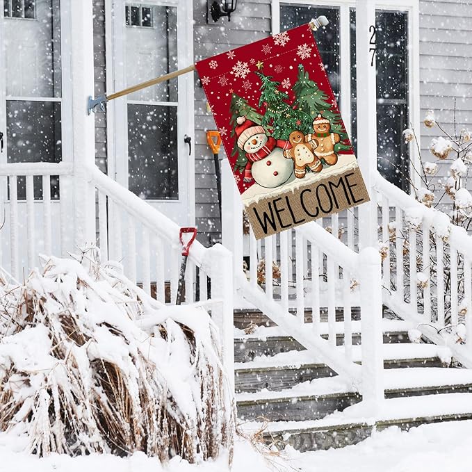 Welcome Winter Snowman Gingerbread Man Pine Trees Christmas House Flag large 28X40 Inch Big Vertical Double Sided Yard Outdoor Outside Holiday Decoration