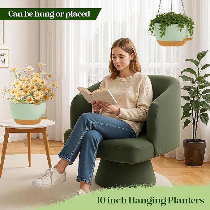 zople 10 Inch Hanging Planters with Chains 2 Pack Self Watering Green Brown Plastic Hanging Pots for Indoor Outdoor Plants, Garden Porch Home Decor (Green Brown)