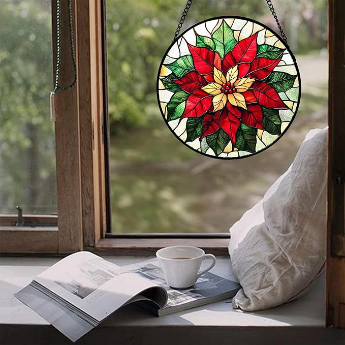 AMDERVEN Stained Glass Window Hanging - Red Poinsettia Birth Flower Sun Catcher for Door Garden Home Decor Suncatcher Christmas Mother's Day Birthday Gifts for Women Men Mom Girl Nana Friend 6.3 in