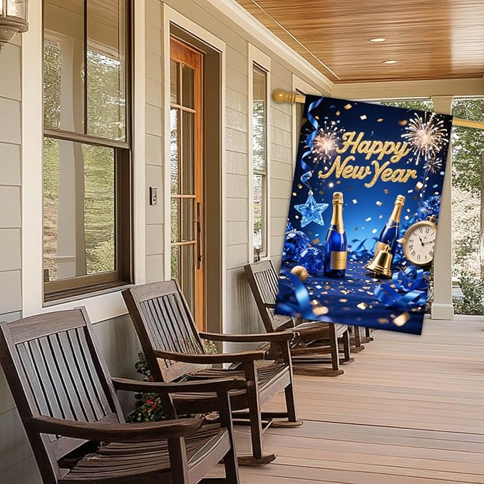 Happy New Year House Flag 28x40 Inch Double Sided Garden Flag Blue Champagne Clock and Fireworks Design Winter Holiday Yard Banner Large Outdoor Flag for Porch Lawn Home Decoration