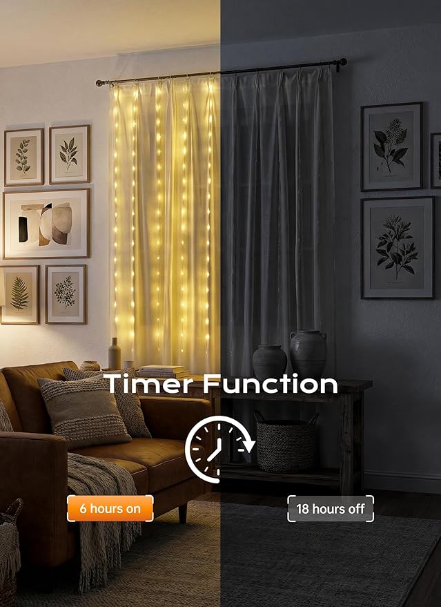 Brightown 180 LED Shower Curtain Fairy Lights, 70 Inch Warm White Waterproof Battery Operated String Light, 8 Modes, Battery Powered Christmas Light for Indoor Outdoor Decor(No Curtain)
