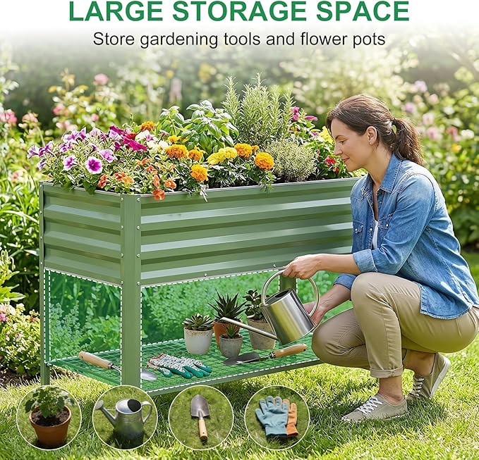 Elevated Raised Garden Bed with Legs, 48x24x32in Galvanized Planter Box Outdoor with Storage Rack & Drainage Holes, Large Metal Raised Beds for Gardening, Backyard, Patio, Balcony, Olive Green