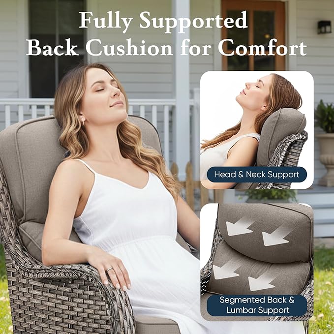 Belord Luxury 6" Thick Cushioned 7 Pieces Patio Furniture Set with Outdoor Couch, Wicker Outdoor Conversation Set with High Back Swivel Rocker Chairs for Deck Porch Yard and Poolside - Grey+Grey