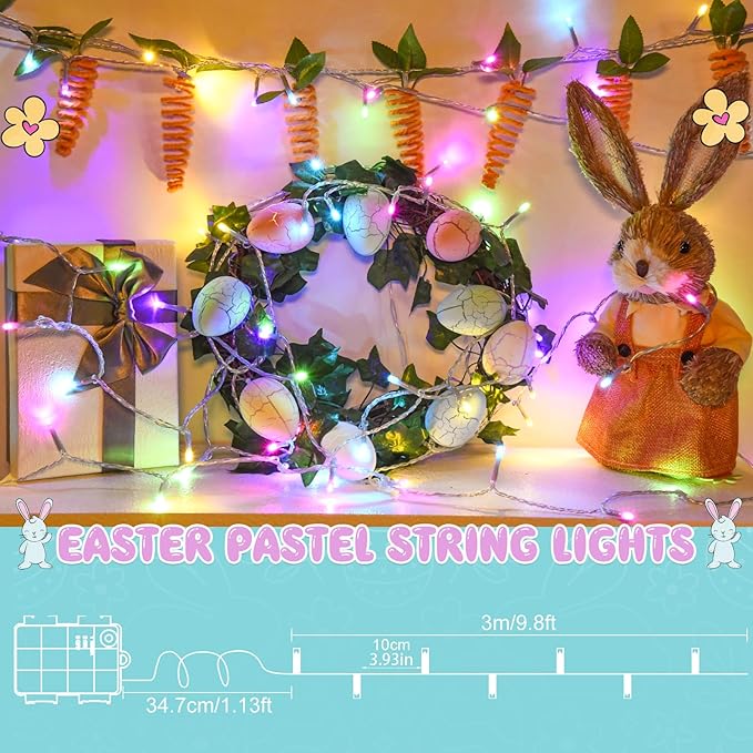 Easter String Lights Battery Operated, Pastel Easter Lights with Timer 9.8ft 30LED Transparent Wire Fairy Lights for Easter Decorations Garland Outdoor Indoor Party 2 Packs