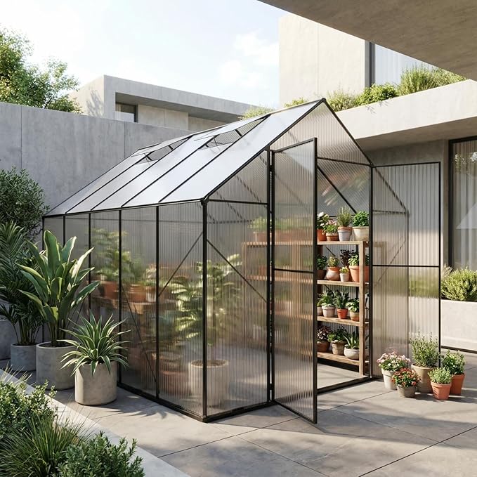 8×10 FT Walk-in Greenhouse Polycarbonate Greenhouse for Outdoors, Heavy Duty Backyard Garden Greenhouse with Aluminum Frame, Clear Panels, Adjustable Roof Vent, Rain Gutter System