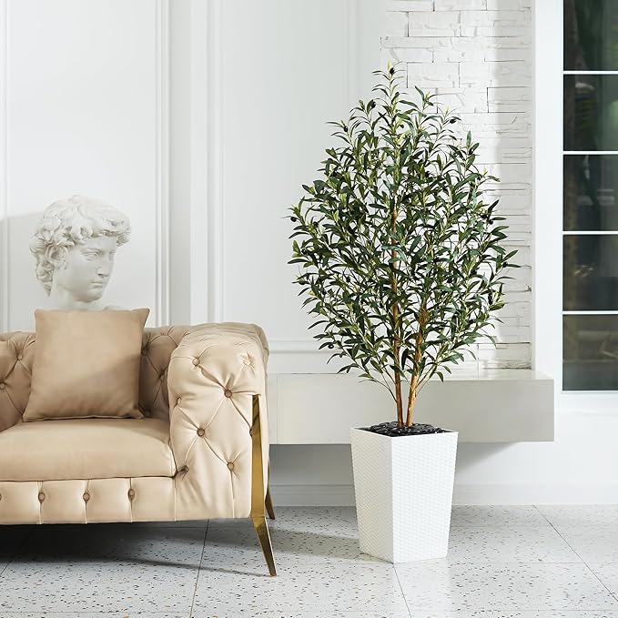 VeriNatural Artificial Olive Tree 5FT - Tall Faux Olive Trees with Natural Wood Trunk, Silk Leaves, White Taper Planter & Pebbles, UV Resistant Fake Plants Indoor for Home Decor, Office,Outdoor,VN131