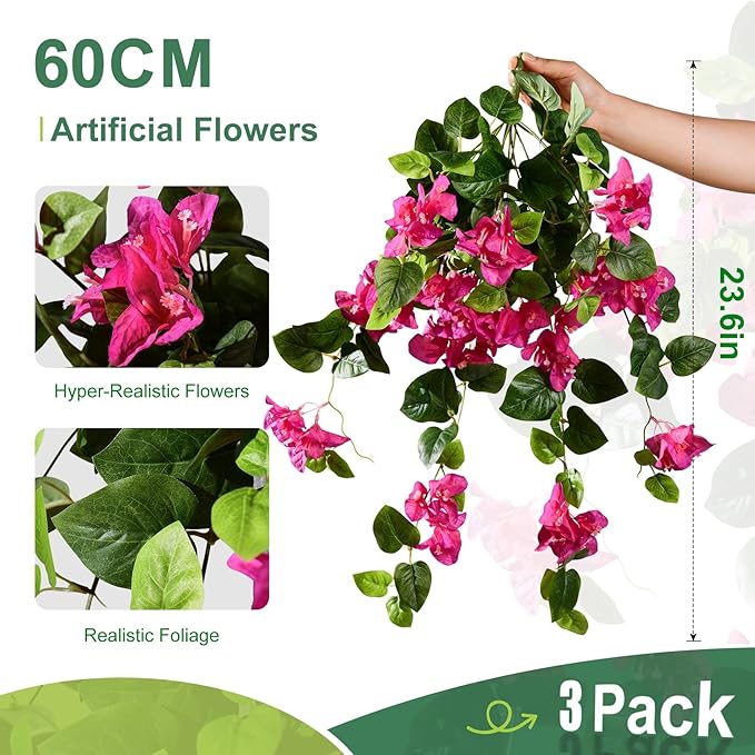 Artificial Hanging Bougainvillea Flowers for Outdoor 3 Pcs Faux Bougainvillea Flowers Fake Hanging Plants Silk Flowers Long Trailing Vines for Front Door Porch Planter Patio Balcony (Light Purple)