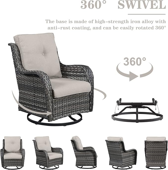 Belord Wicker Chairs 4 PC Outdoor Swivel Rocker Set, Patio Swivel Glider Chairs Set of 4, Grey Wicker Outdoor Furniture with Beige Cushions for Patio Porch Deck Sunroom