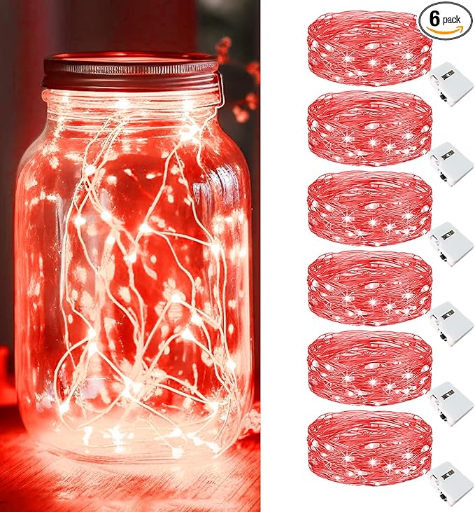 kolpop 6 Pack LED Fairy Lights Battery Operated, Mini Twinkle String Lights Battery Powered Waterproof for Christmas Mason Jars Party,Red