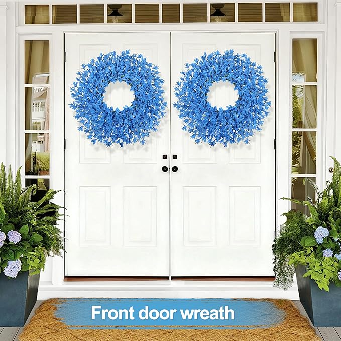 26 Inch Spring Wreaths for Front Door Large Easter Valentines Forsythia Floral Summer Spring Door Wreaths Outdoor All Season Spring Decorations for Home Porch Room Window Wall Farmhouse Decor (Blue-R)