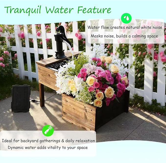 Outdoor Water Fountain，Floor Wooden Rectangular Double-Layer Old-Fashioned Pump Fountain with Flower Box，Solar-Powered Electric Decorative Hand Pump，Outdoor Water Feature for Garden Patio Backyard