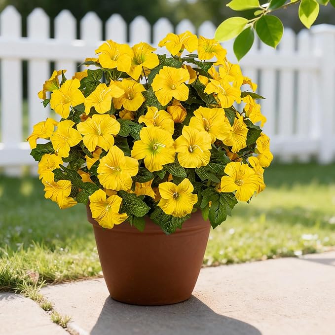 Brlita 19 Inch Artificial Fake Flowers for Outdoor,4 Pcs Faux Silk Petunias Spring Flowers for Outside for Indoor Porch Planter Front Door Garden Patio Window Box Home Decor(Yellow)