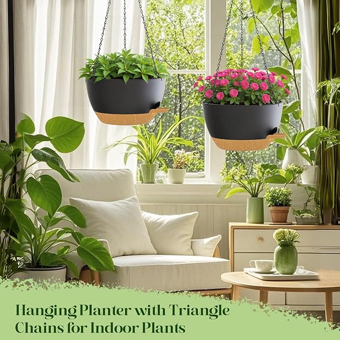 zople 10 Inch Hanging Planters with Chains 2 Pack Self Watering Black Brown Plastic Hanging Pots for Indoor Outdoor Plants, Garden Porch Home Decor (Black Brown)