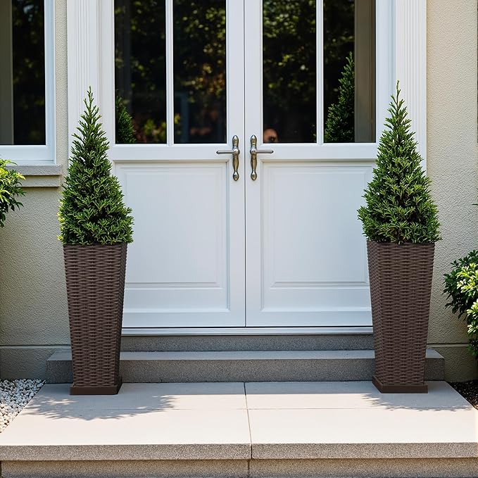 Flamaker Set of 2 Resin Rattan Planters with Tray for Indoor Outdoor, 24'' Tall Flower Pots with Drainage Holes&Inner Pot, Tapered Planters for Garden, Patio, Porch (Brown, Small)