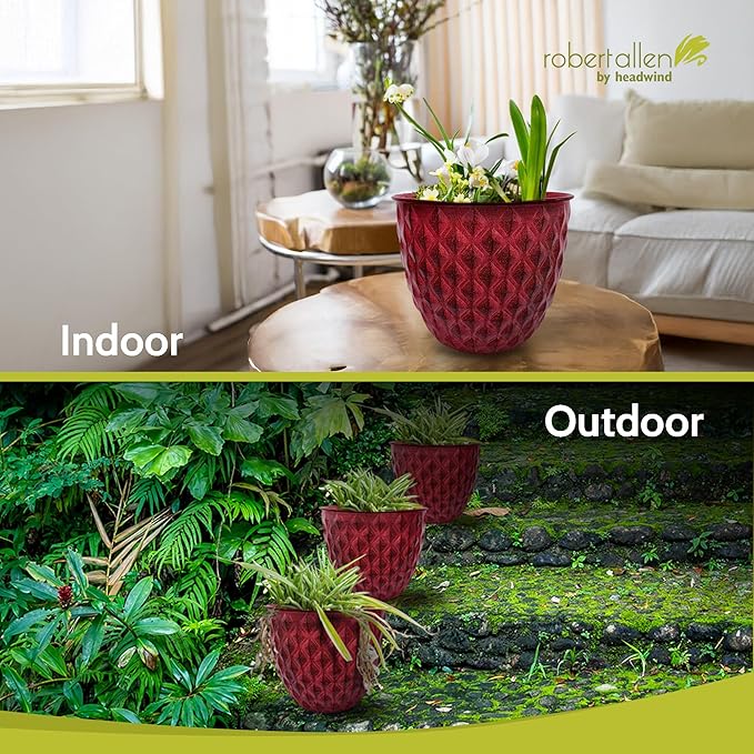 Headwind Glazed Ironstone Diamonte Collection – Crimson Red 8-Inch Decorative Plant Pot, Indoor & Outdoor, Vintage Diamond-Textured, Lightweight & Weather-Resistant for Garden Use by Robert Allen
