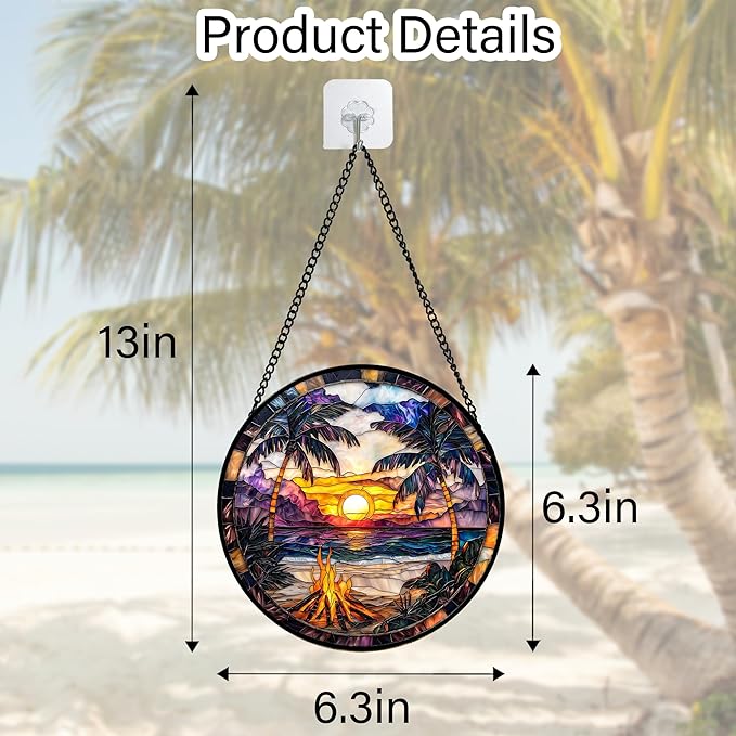 DASTOLL Stained Glass Window Hanging,Bonfire Beach Landscape Suncatcher Diamond Glass Panel Sun Catchers Decor for Birthday for Women, Men, Wife, Aunt, and Mom 6.3 in