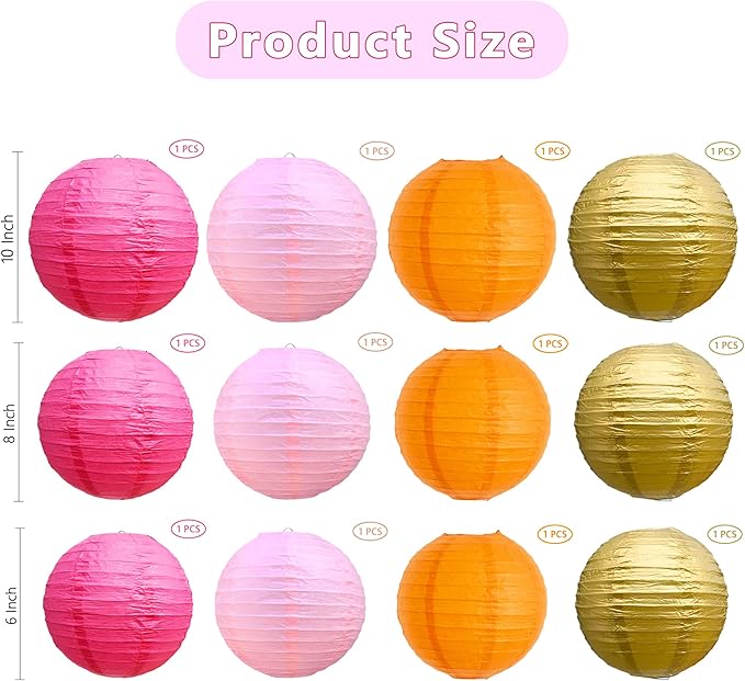BEISHIDA Pink Orange Gold Round Paper Lanterns Decorative Hanging Asia Chinese Japanese Paper Lanterns Lamp for Birthday Graduation Baby Shower Wedding Home Decor Outdoor Party Decoration(12Packs)