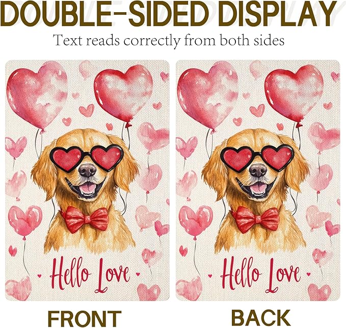 Valentine's Day Golden Retriever Hello Love Garden Flag, House Yard Plaid Love Heart Outside Decoration, Spring Holiday Wedding Anniversary Outdoor Small Decor 12x18(12627)