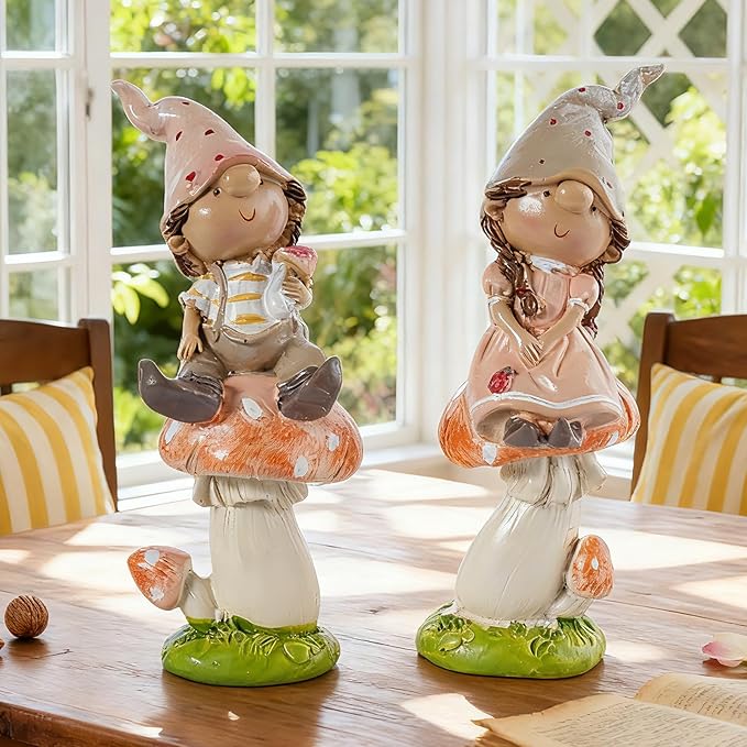 Garden Mushroom Gnome Resin Statues - Outdoor Patio & Lawn Decor, Indoor Home Ornament, Gnome Couple Garden Figurines, Ideal Gift for Parents & Friends