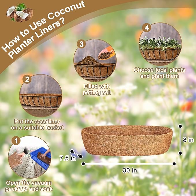 Coconut Fiber Planter Liner, 3PCS 30 Inch Natural Coco Liners for Deck Hanging Planter Window Box Liners Half Moon Shape Replacement for Flower Pots Horse Trough Hanging Basket Vegetables Pot