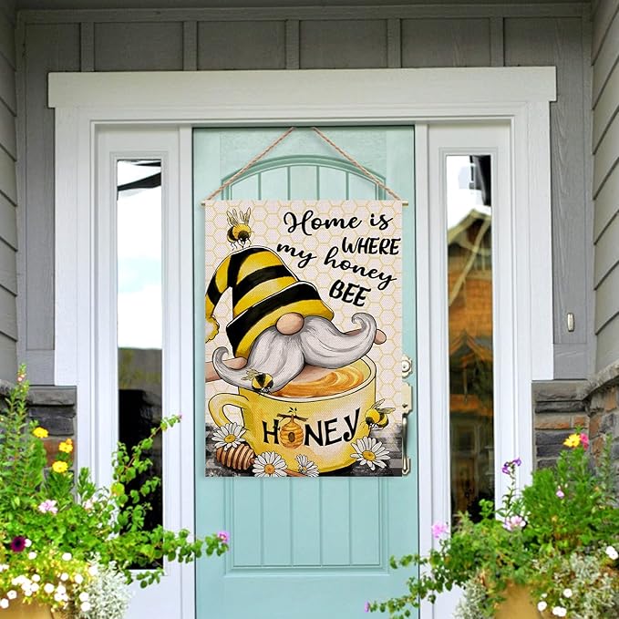 Artofy Home Bumble Bee Gnome Decorative House Flag, Garden Yard Spring Summer Outside Decor, Outdoor Large Burlap Double Sided 28 x 40