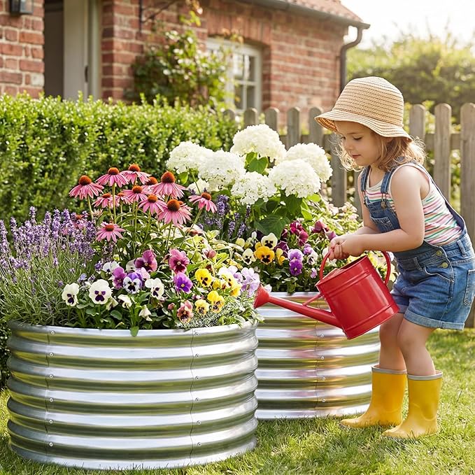 AHEONLAR 2x2x0.97ft Round Galvanized Raised Metal Garden Bed Kits, Large Metal Planter Outdoor for Vegetables, Fruits, Flowers and Herbs, Silver