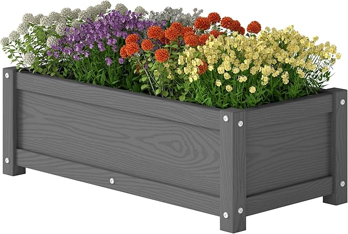 HDPE Planter Box, All-Weather Outdoor Garden Bed Easy to Assemble, Drainage System, Low Maintenance, Non-Fading, for Flower/Herb/Seed (Gray)