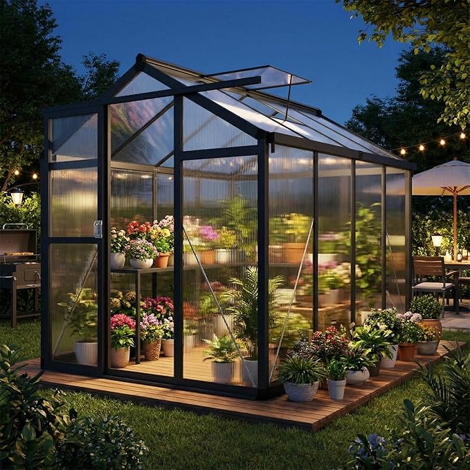 6x8 FT Greenhouse, Polycarbonate Walk-in Greenhouse for Outdoors with Roof Vent & Lockable Smooth-Gliding Sliding Door, Heavy-Duty Aluminum Green House for Garden, Backyard, Patio, Lawn, Dark Grey