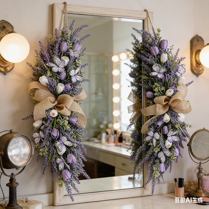 Valentine's Day Artificial Heart Shaped Teardrop Swag Wreaths Spring Summer Fake Flower Wreath for Gifts Festival Front Door Window Wall Decor (1, Purple Tulips)