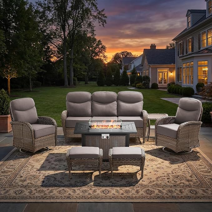 Luxury Patio Furniture Set with Fire Pit Table, Outdoor Furniture Set with High Back Swivel Chairs & 6-inch Thick Cushions, 7 PCS Fire Pit Patio Set for Yard, Deck, Poolside, Brown/Grey