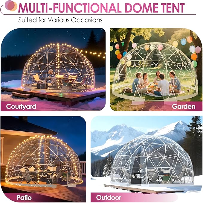 Upgraded 12FT Garden Dome Tent, Outdoor Clear Bubble Tent for 6–10 People, Geodesic Dome Greenhouse with Waterproof PVC Clear Cover, LED Lights, Window for Backyard Patio Camping Party