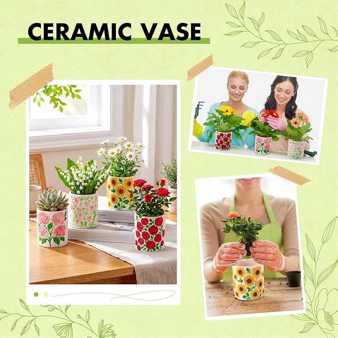 Zubebe 12 Pcs Paint Your Own Flower Ceramic Pots Bulk Unfinished Succulent Pots Painting Kit with Drainage Hole Lily Sunflower Peony Rose Mini Paintable Vase for Spring Valentine Mother DIY Craft