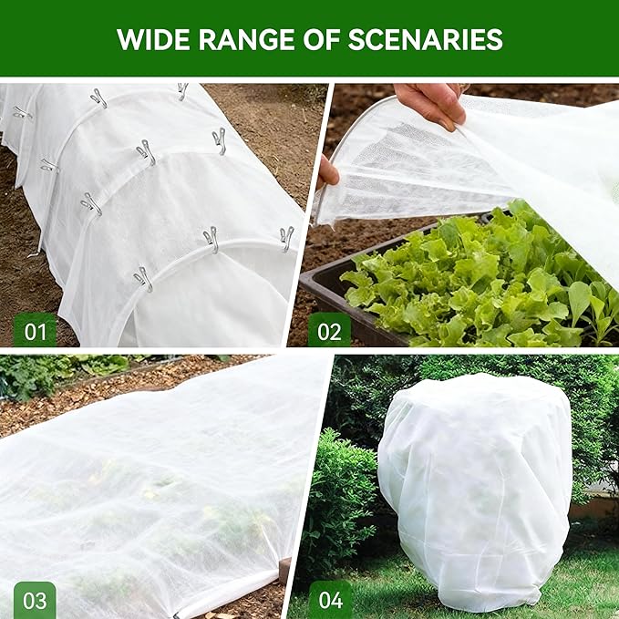MuyuRise 10 FT x 33 FT Plant Covers Freeze Protection kit - 1.8 oz/yd² Thickened Frost Cloths Blankets with Garden Row Cover Accessories for Outdoor Plants, Protect in Winter Cold/Sun Pests (White)