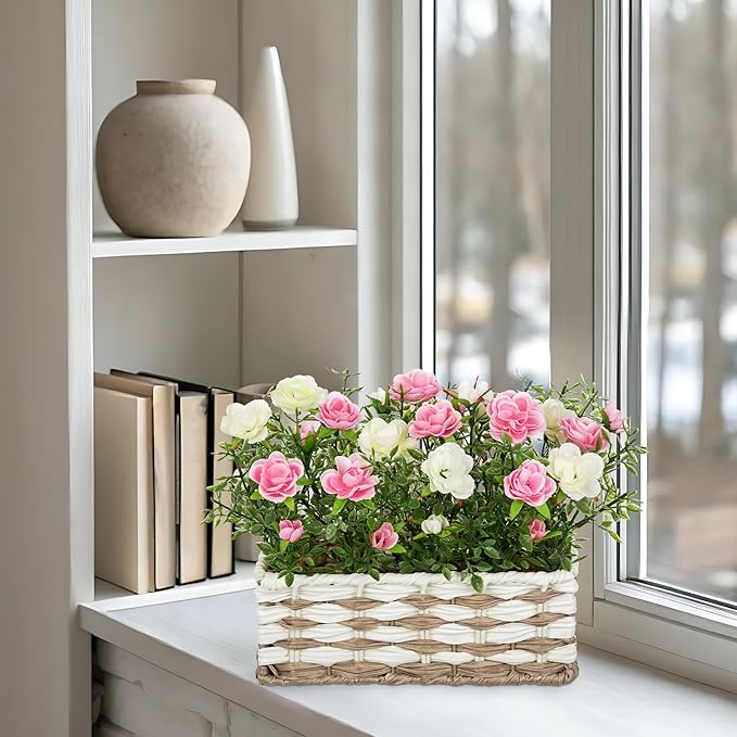 Artificial Rose Flowers with Woven Basket, Faux Roses in Fake Rattan Planter for Table Centerpiece, Romantic Floral Arrangement for Home Bedroom Spring Wedding Sweet Decor, Cream White & Soft Pink