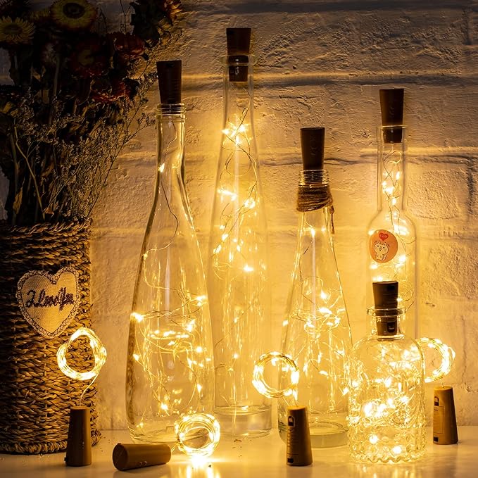 Brightown Wine Bottle Lights with Cork, 20 Pack 20 LED Waterproof Battery Operated Cork Lights, Silver Wire Mini Fairy Lights for Liquor Bottles DIY Party Bar Christmas Holiday Wedding Décor