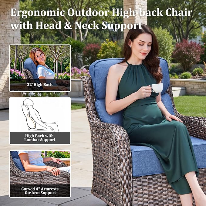 Luxury High Back Patio Furniture Set with 6-Inch Thick Cushions, 6-Pieces Outdoor Furniture with Swivel Chairs &Side Table, Wicker Conversation Set for Porch, Balcony, Deck and Yard, Brown/Blue