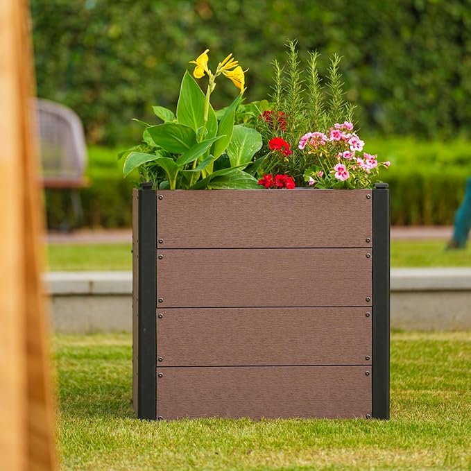 GarveeLife 25" x 25"x 23" Wood Look Raised Garden Bed with Bottom, Outdoor Planter Box for Vegetables & Herbs, Durable Composite Deep Root Bed for Vegetables, Flowers in Backyard, Patio