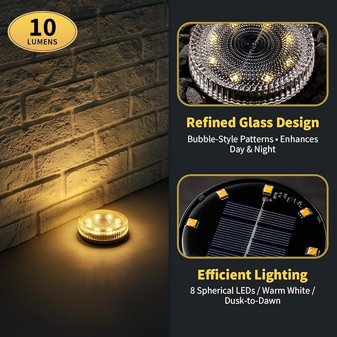 Glass Solar Pathway Lights with Bubble Style, Modular-Design Waterproof In-Ground Light for Patio Pathway Lawn Yard Deck Walkway, Decorative Disk Lighting for Garden Bed, Warm White (8 Pack)