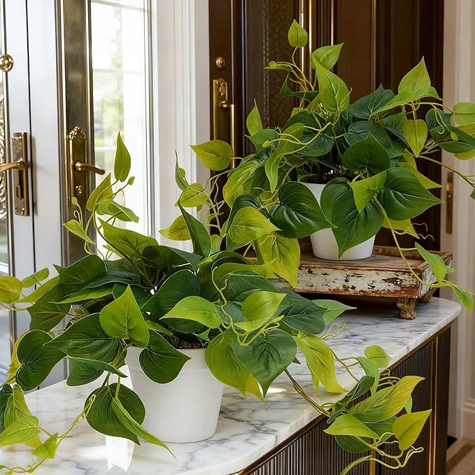 alyptus Fake Pothos Hanging Plants – 33" Set of 2 Faux Ivy Vines Realistic Silk Devil’s Ivy for Indoor Décor, Low Maintenance Artificial Greenery for Home Bathroom or Office - Green with White Pots