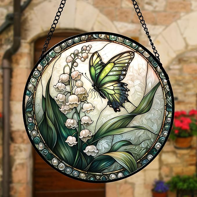 DASTOLL Stained Glass Window Hanging, Lily of The Valley Flower Butterfly Suncatcher for Doors Home Sun Catchers Decoration and Christmas, Mother's Day Birthday Gifts for Women, Men, Mom 11.8x11.8 in