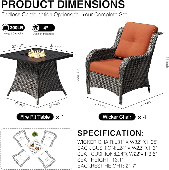 Joyside 5 Piece Wicker Patio Furniture Set with Fire Pit Table, Rattan Patio Chairs with High Back, Deep Seating, Wide Armrest, Thickened Cushions, Outdoor Furniture for Deck, Porch Use