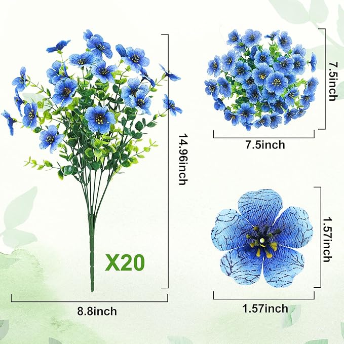 Besteek 20 Bundles Artificial Flowers for Outdoors Decoration Fake Silk Flowers UV Resistant Faux Plants Artificial Daisy Eucalyptus for Spring Summer Garden Yard Porch Window Home Decor, Blue