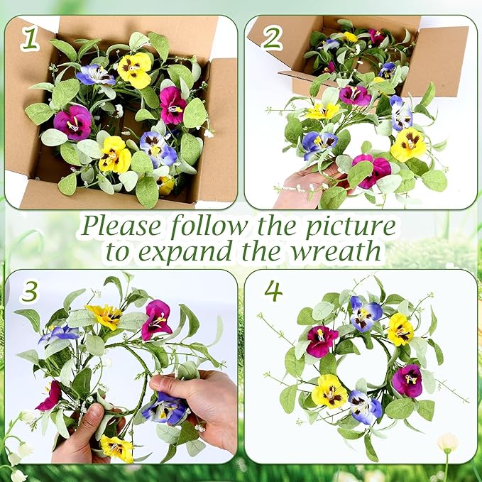 4 PCS Mini Spring Summer Kitchen Cabinet Wreaths Small Pansy Flowers Wreath for Front Door with Fern Branches Ribbon Small Flocked Lamb Ear Leaves Wreath for Indoor Outdoor Farmhouse Porch Wall Decor