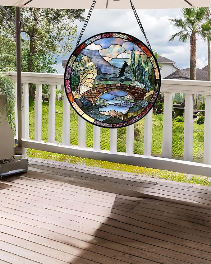 AMDERVEN Stained Glass Window Hanging, Blue Landscape Arch Bridge Sun Catcher for Door Home Decor Suncatcher Christmas Mother's Day Birthday Gifts for Women Men Mom and Nana 7.8 in