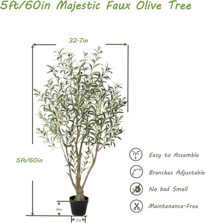 Nafresh Super Full Faux Olive Tree, 5FT Artificial Olive Tree Indoor, Fake Silk Trees with Realistic Leaves and Lifelike Fruits for Indoor Outdoor Living Room Corner Office Bedroom Home Decor