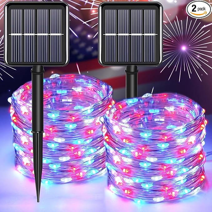 YAOZHOU 4th of July Patriotic Decorations,Red White Blue Solar Fairy String Lights Outdoor Waterproof, 2Pack Total 200LED 66Ft,IP67 8 Modes Outside Memorial Day for Garden,Patio, Yard