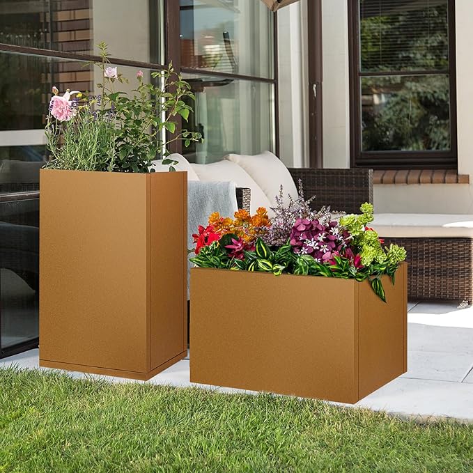 Meyoppm Corten Steel Planter Box 32"x16"x16", Rustic Metal Planter with Partitions & Drainage Holes, Frost Rust Resistant Heavy Duty Planter for Patio Garden Indoor Outdoor Commercial Decor