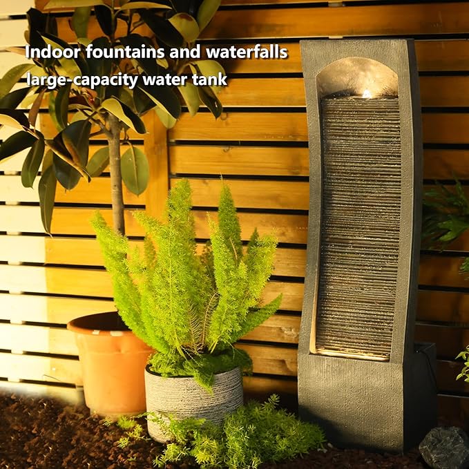 Modern Indoor Water Fountain Curved Faux Slate Waterfall Fountain with LED Lighting, 42.5-Inch Tall Tiered Waterfall Fountains for Garden, Patio, Backyard Decor - Durable and Weather-Resistant Design