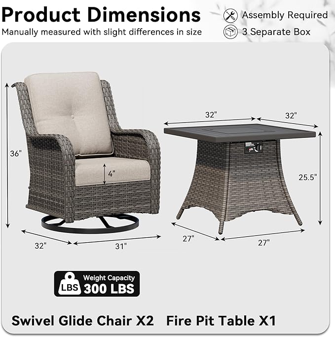 3 Pieces Outdoor Wicker Patio Furniture Set with Fire Pit Table, Swivel Rocker Patio Chairs Set with Thickened Cushions, High Back and Deep Seating, Hand-Woven PE Rattan for Porch, Deck